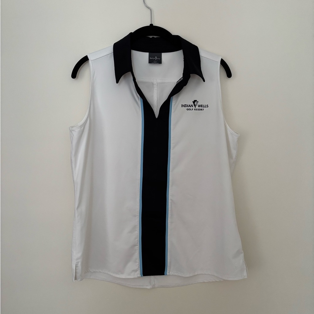 Belyn Key White Sleeveless Polo with Black Center and Light Blue Trim